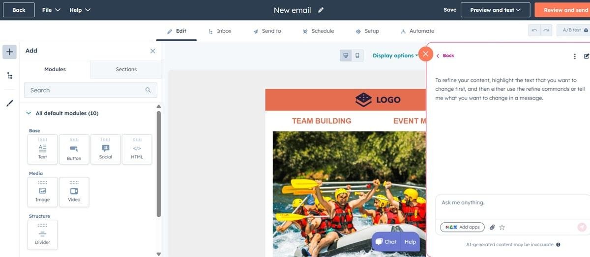 HubSpot conversational AI assistant in email editor with file attachment support and app integrations for context-aware content generation